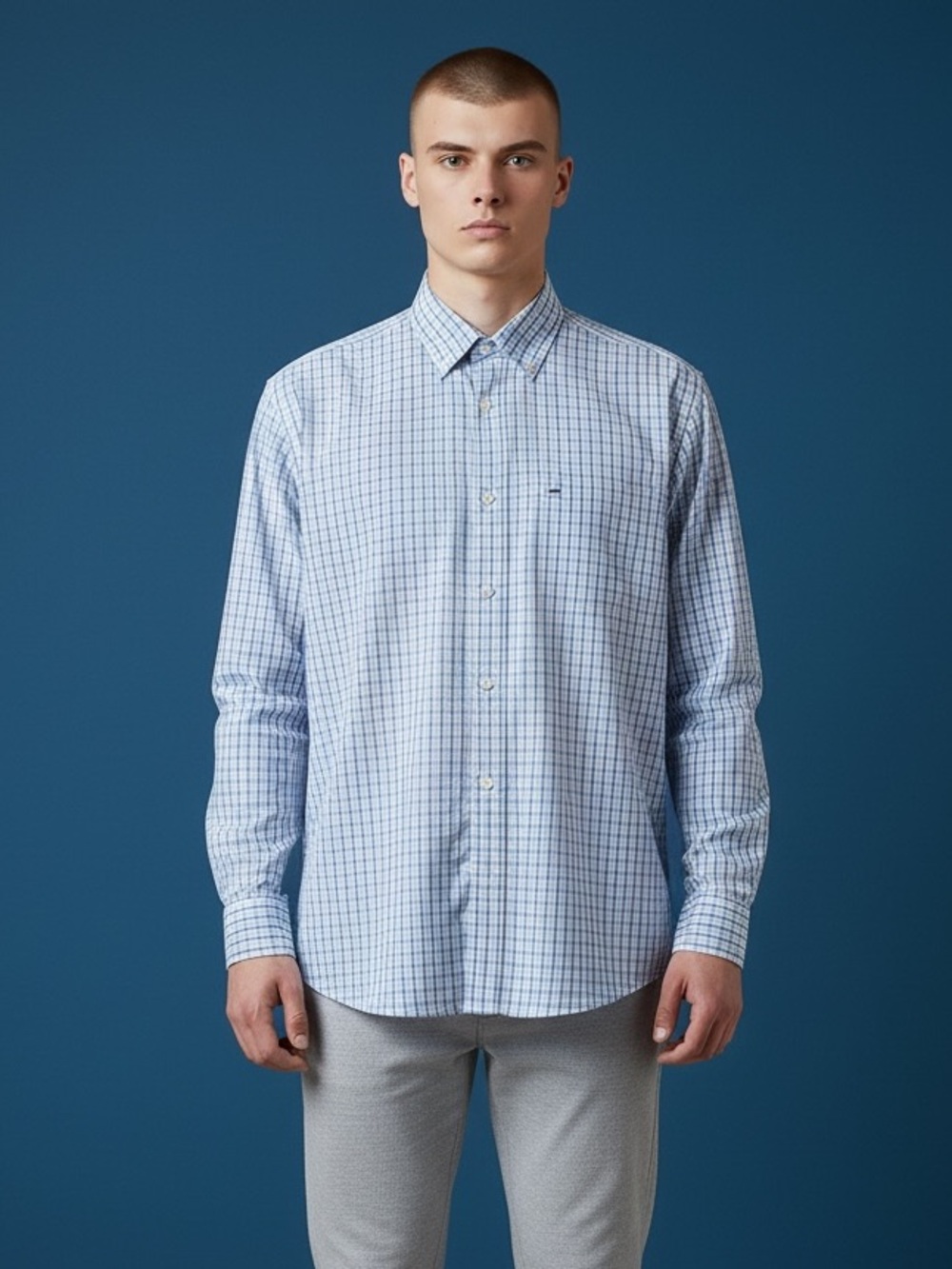 Berkley Jensen Men's Light Blue Check Button-Down Shirt